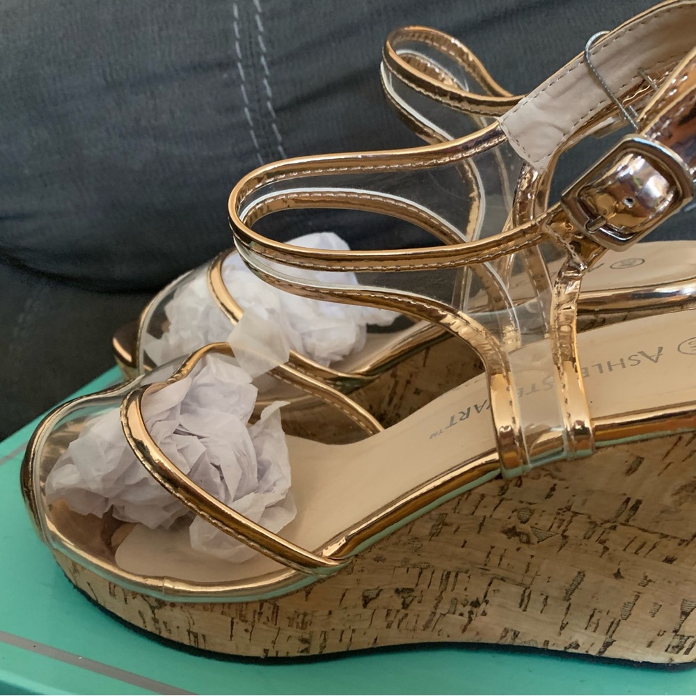 Size 8W, New, gold platform cork heel sandals